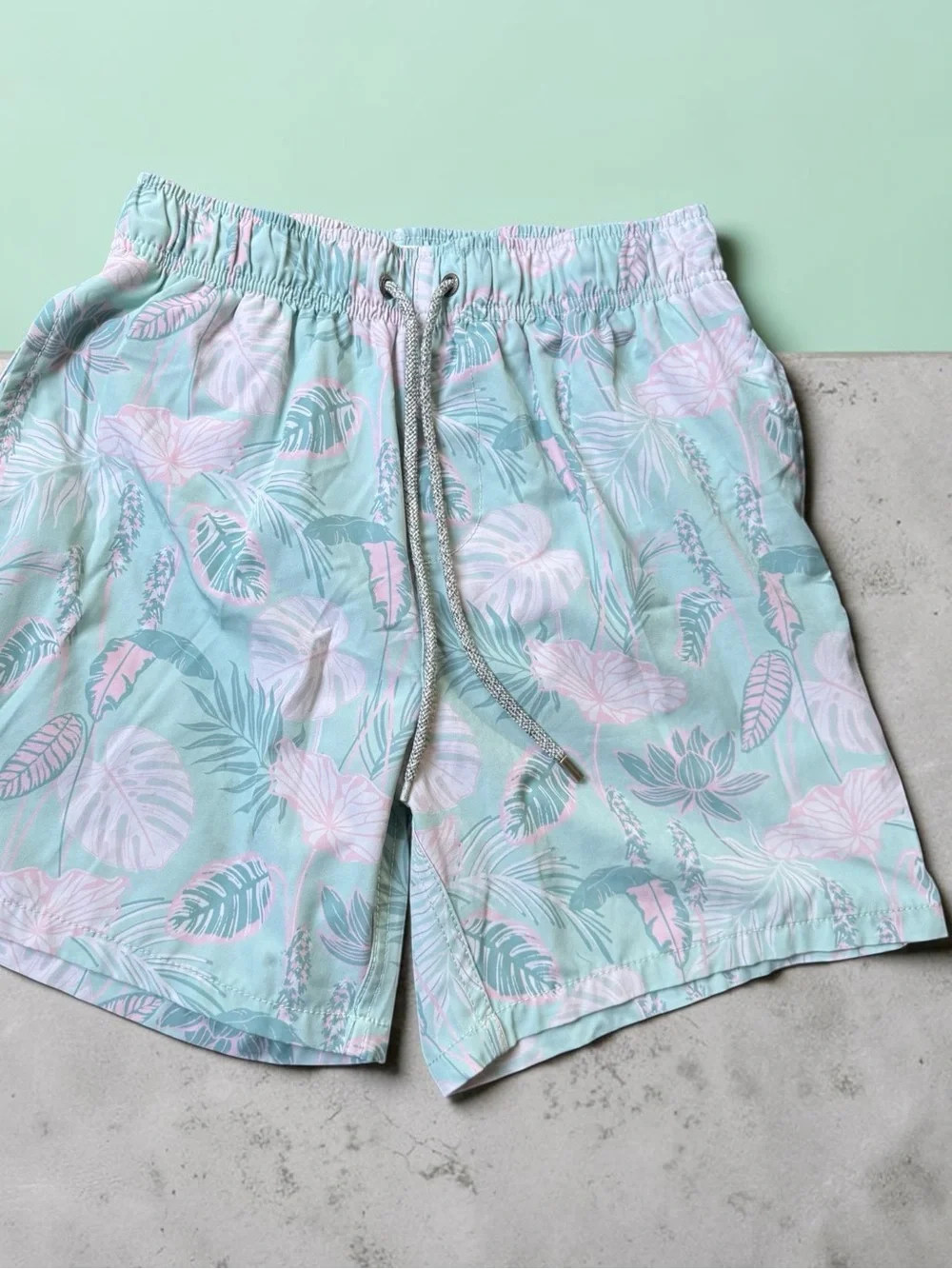Vintage Summer Tropical Leaf Print Swim Shorts - Mint & Pale Pink